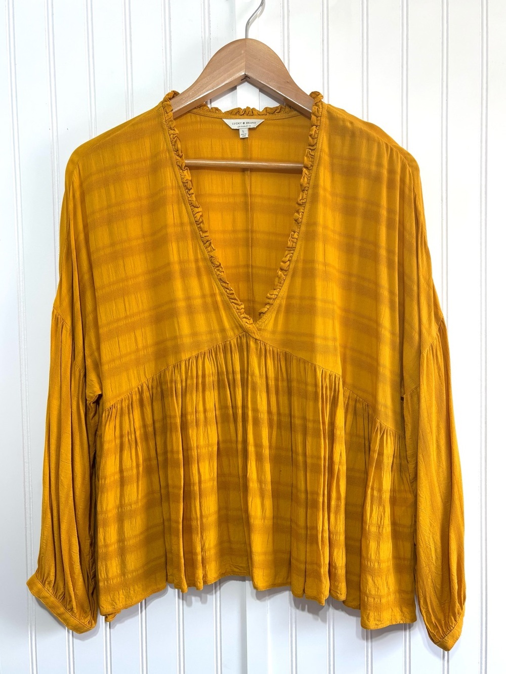 Lucky Brand Boho Peasant Blouse Golden Spice Women’s Large Textured V-Neck